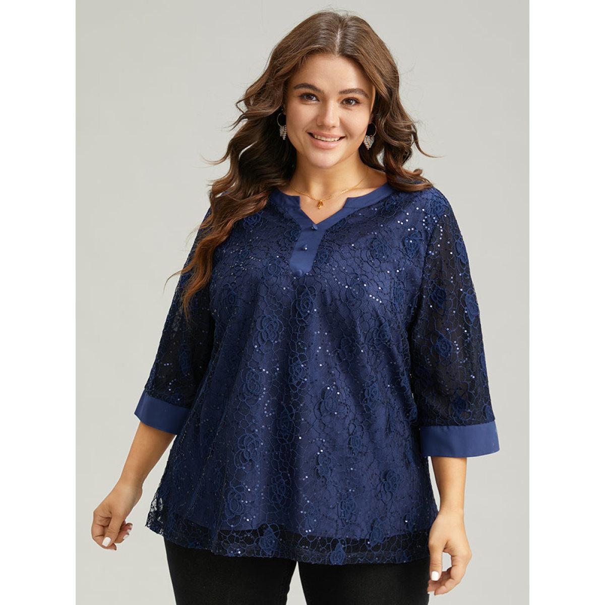 Plus Size Indigo Sequin Guipure Lace Button Detail Blouse Women Glamour Elbow-length sleeve V-neck Going out Blouses BloomChic 22-24/3X Product Image