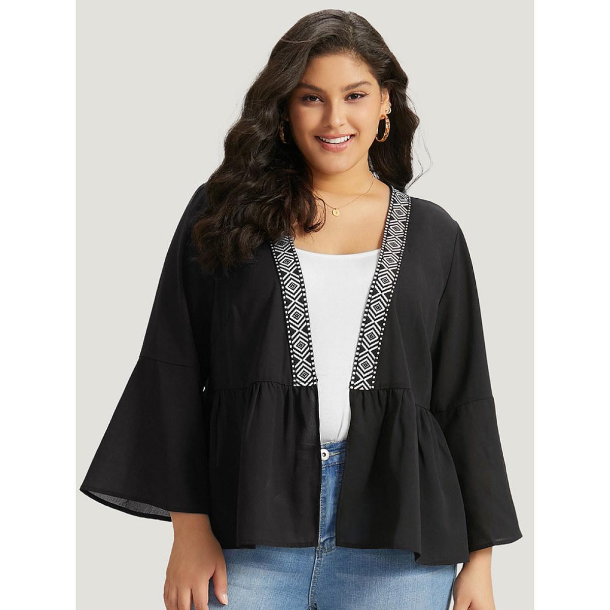 Plus Size Geometric Print Mesh Patchwork Kimono Women Black Resort Vacation Kimonos BloomChic 22-24/3X Product Image