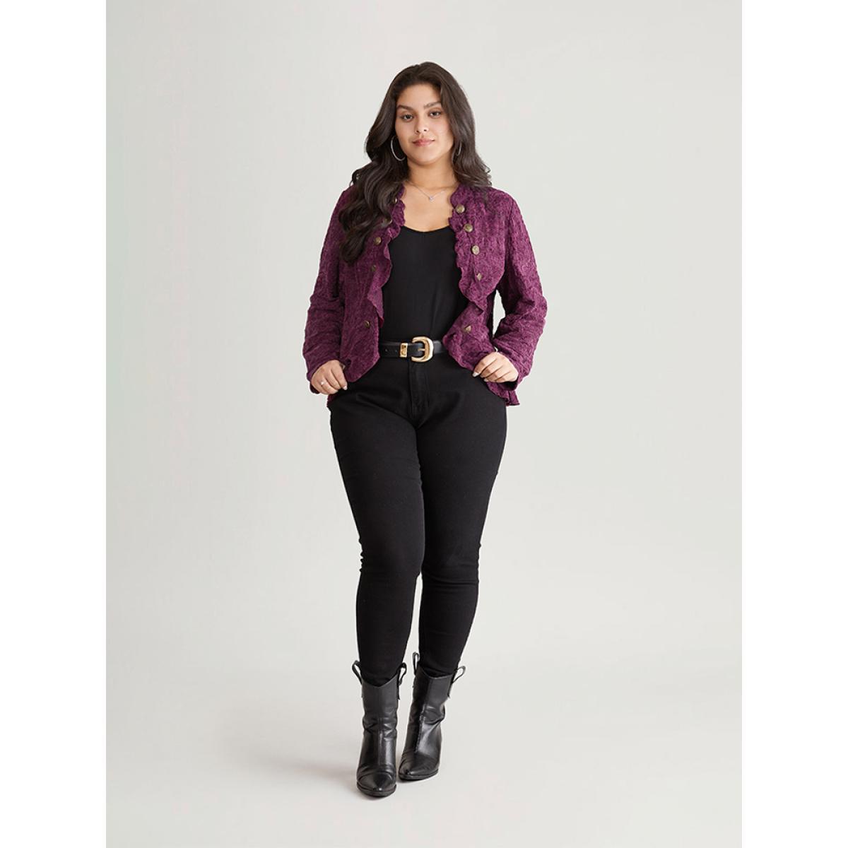 Plus Size Guipure Lace Ruffle Trim Buckle Detail Jacket Women Purple Plain Dailywear Jackets BloomChic 14-16/1X Product Image