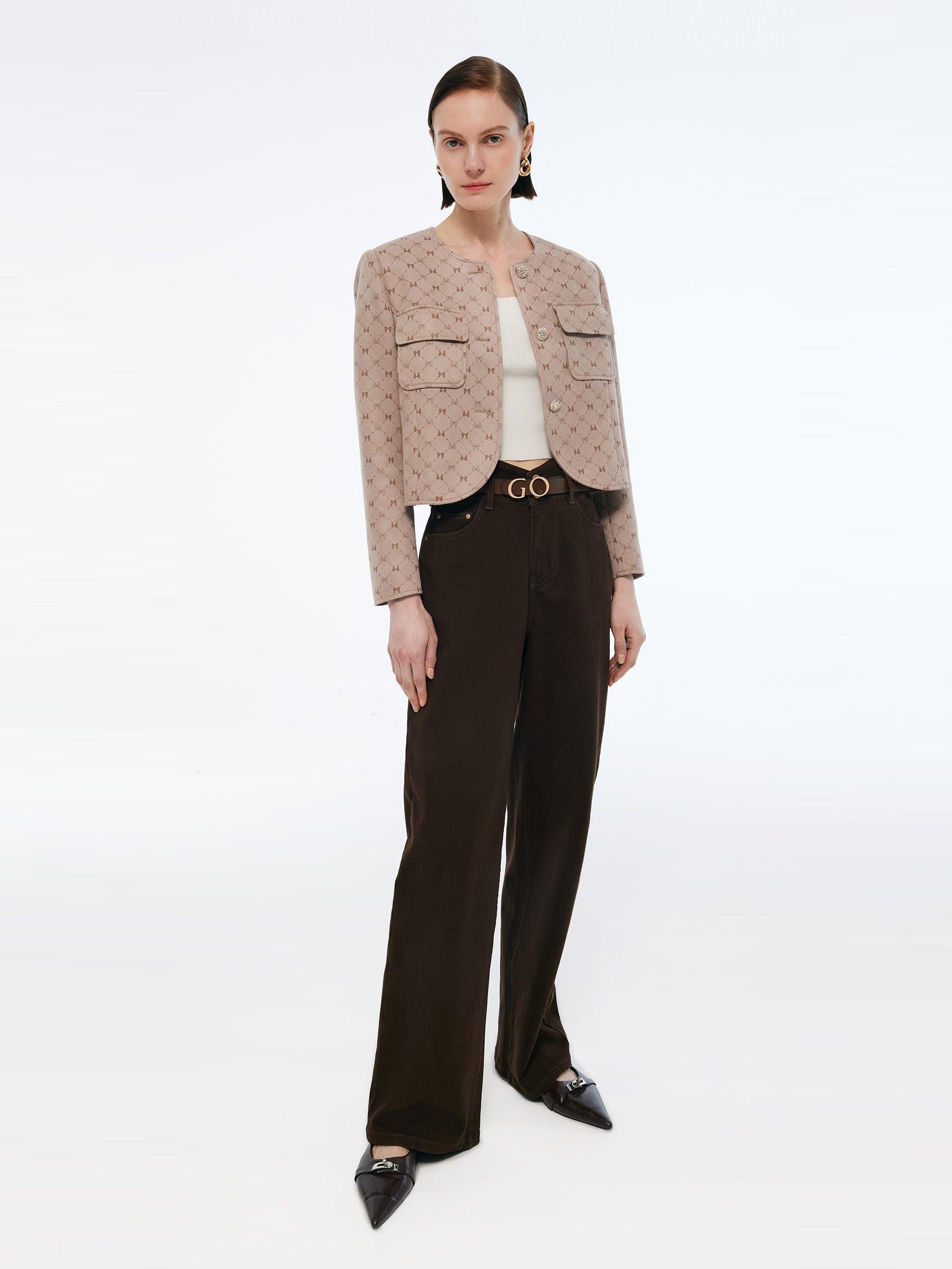 Faux Suede Round Neck Women Crop Jacket Product Image