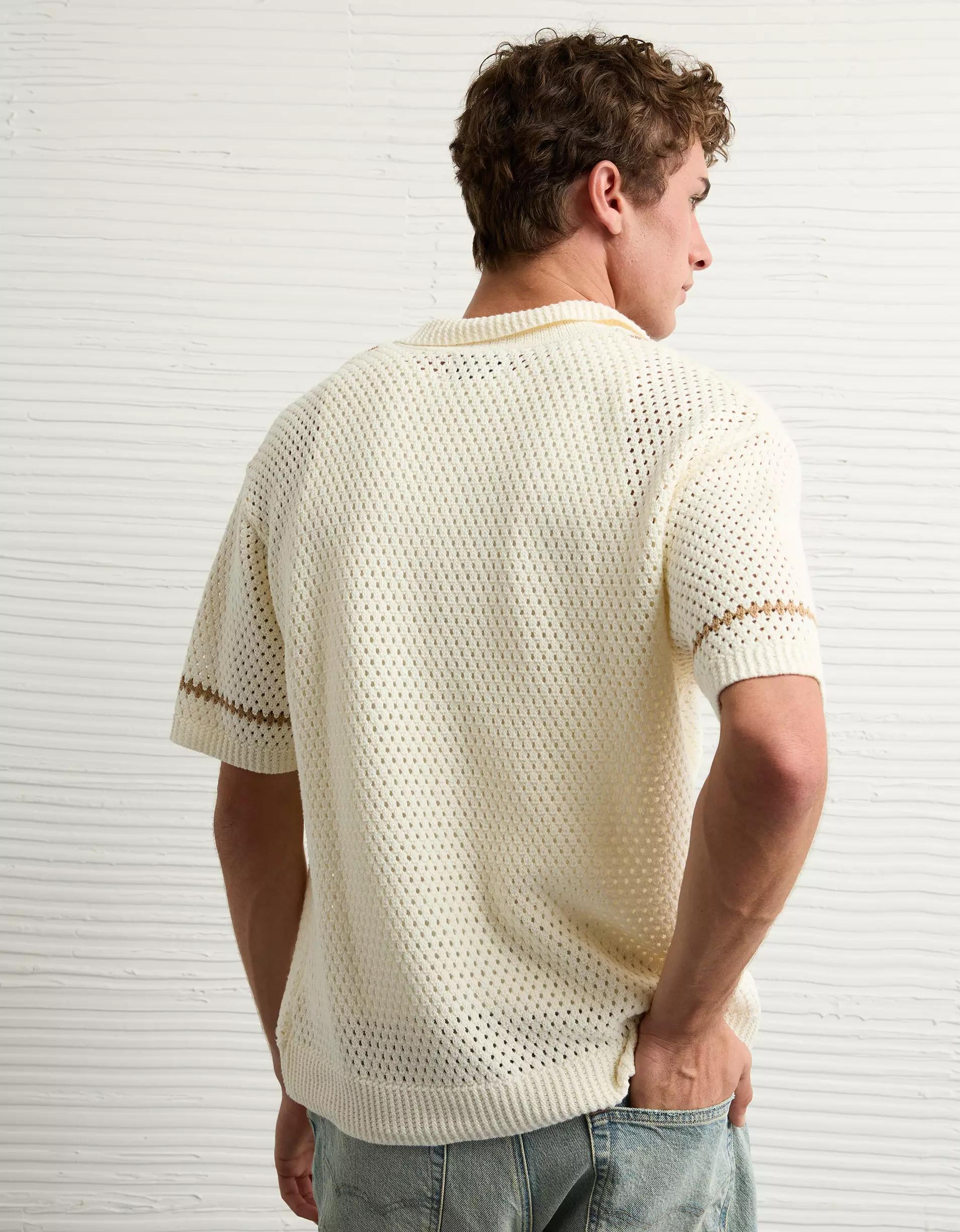 AE Weekend Crochet Button-Up Sweater Polo Shirt Product Image