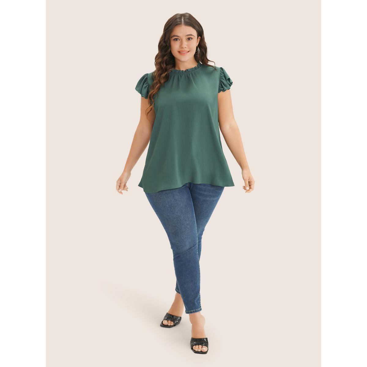 Plus Size Mint Plain Mock Neck Cap Sleeve Ruffle Trim Blouse Women Elegant Short sleeve Mock Neck Everyday Blouses BloomChic 12/L Product Image