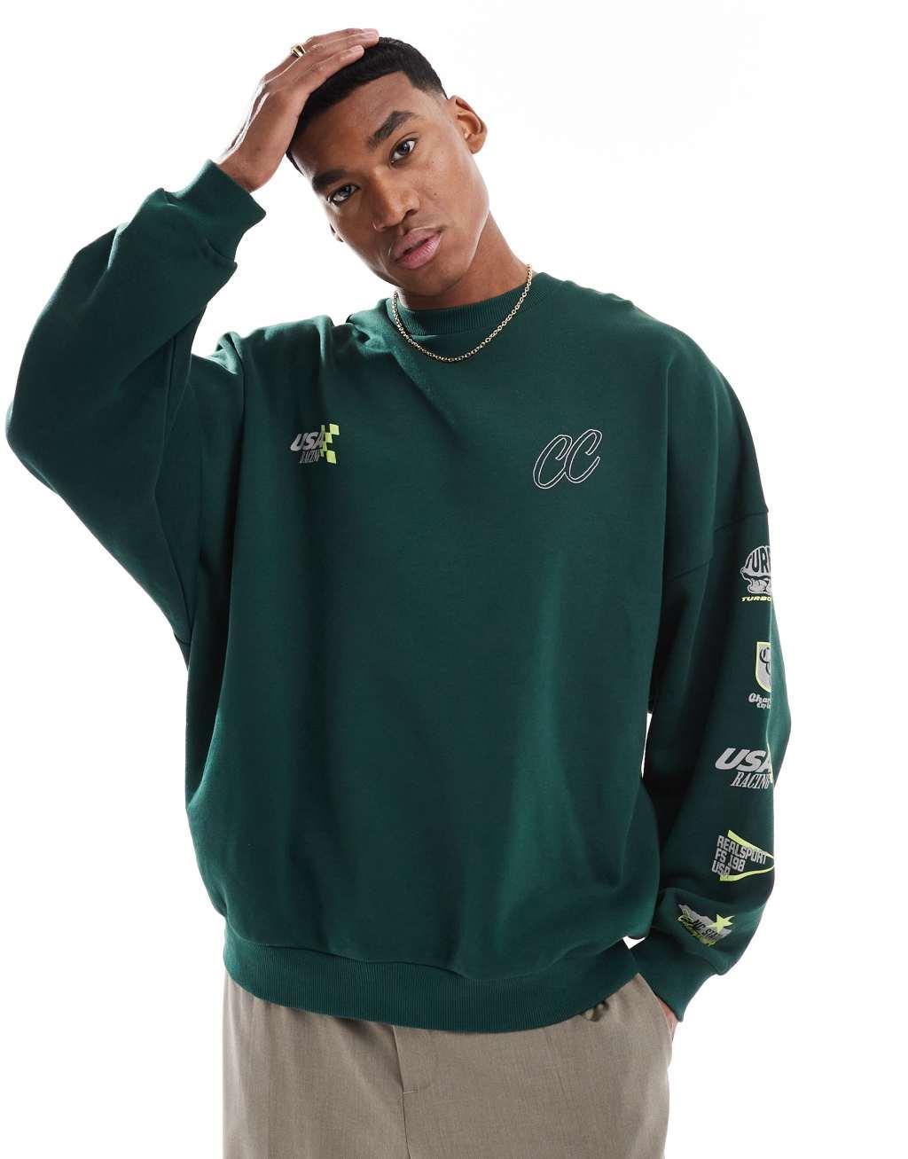 ASOS DESIGN extreme oversized sweatshirt with racing prints in dark green Product Image