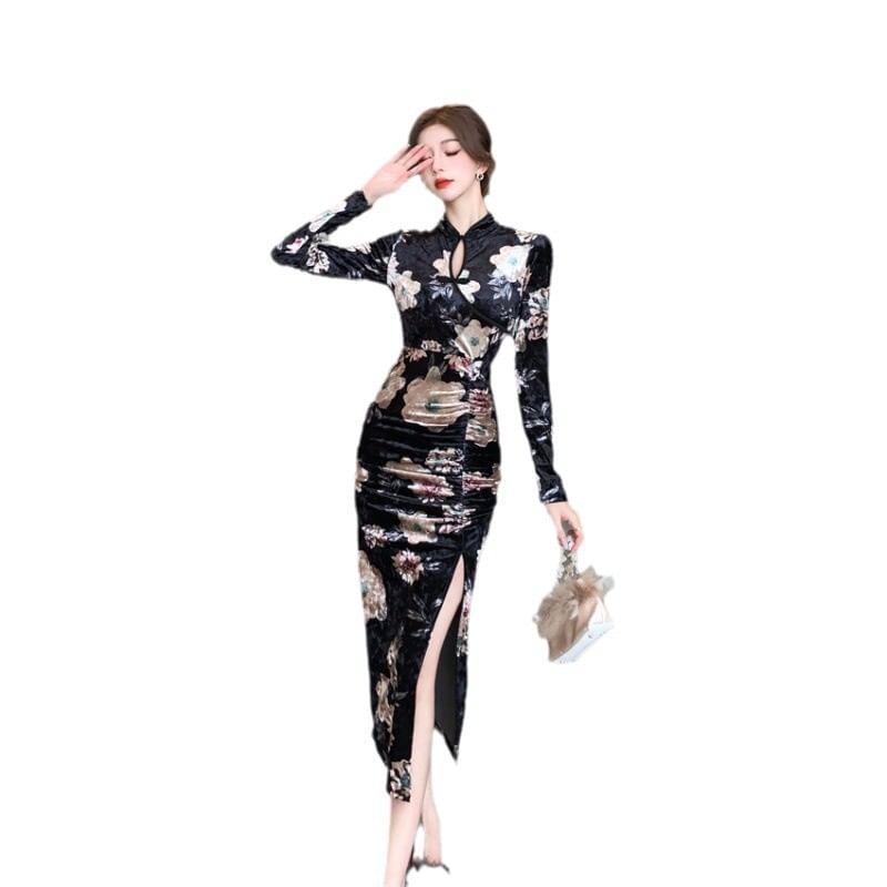 Long-Sleeve Stand Collar Floral Print Keyhole Slit Midi Bodycon Dress Product Image
