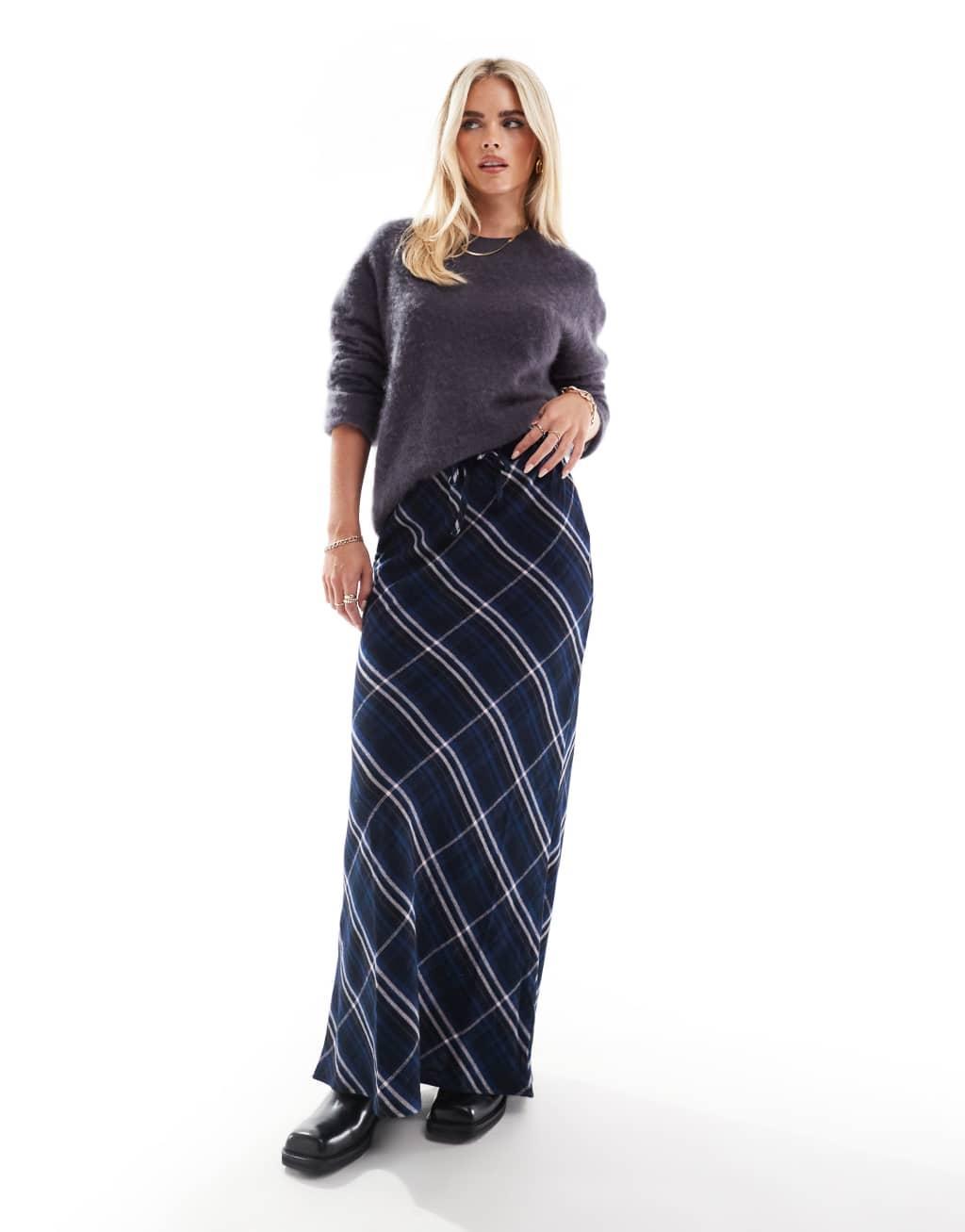 ASOS DESIGN Petite tie waist maxi in blue & pink check Product Image