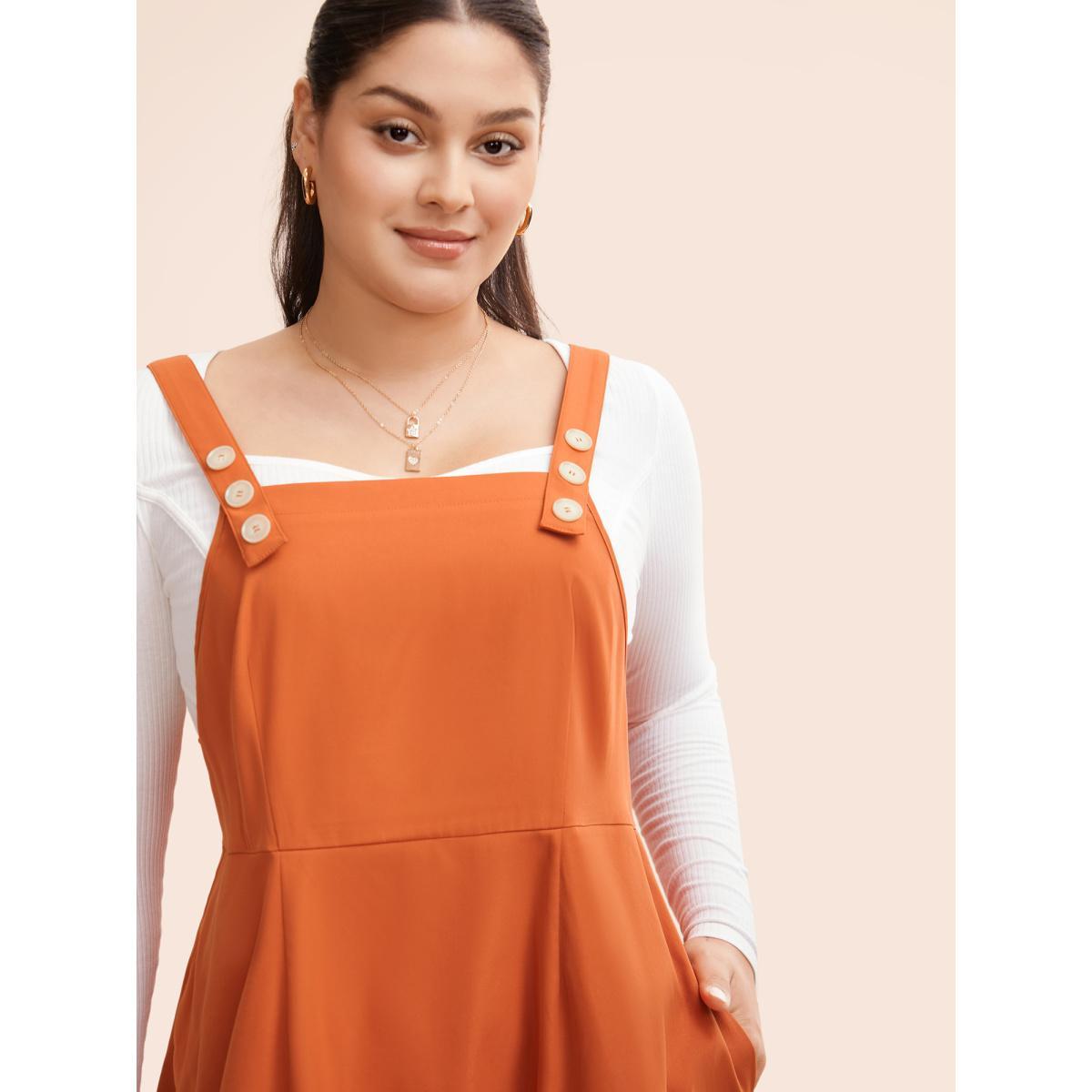 Plus Size Suspender Skirt Style Midi Dress OrangeRed Women Casual Button Non Sleeveless Curvy BloomChic 12/L Product Image
