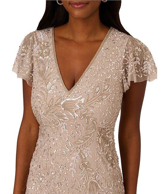 Adrianna Papell Beaded Mesh V Neck Short Flutter Sleeve Sheath Mini Dress Product Image