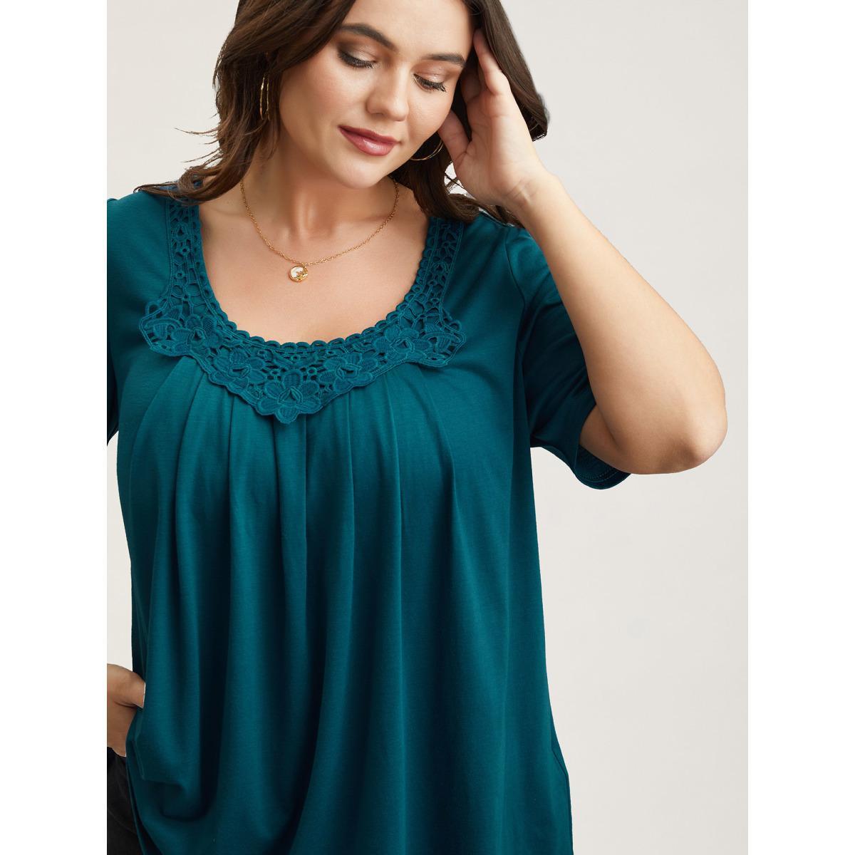 Plus Size Lace Trim Pleated Round Neck T-Shirt Cyan Women Casual Woven ribbon&lace trim Lace collar Everyday T-shirts BloomChic 26/4X Product Image
