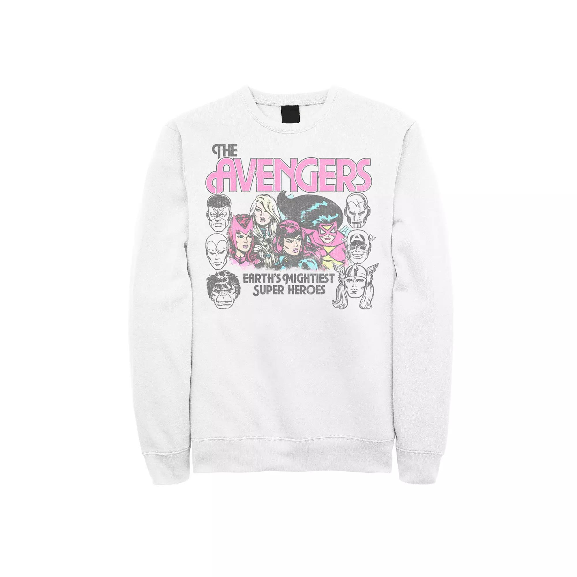 Men's Marvel The Avengers Earth's Mightiest Super Heroes Group Shot Retro Graphic Sweatshirt, Size: XL, White Product Image