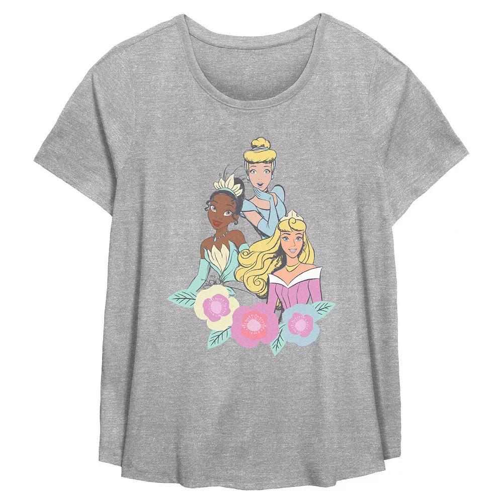 Disney Princess Tiana, Cinderella & Aurora Springtime Trio Plus Size Flowy Graphic Tee, Women's, Size: 0X, Grey Gray Product Image