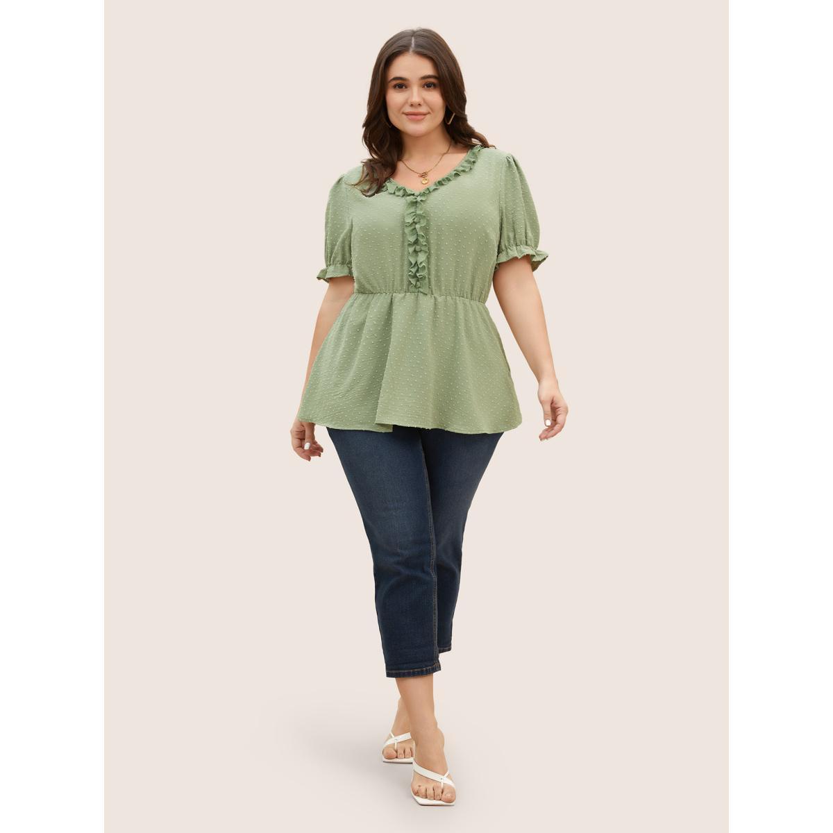Plus Size Palemauve Solid Textured Frill Trim Puff Sleeve Blouse Women Elegant Short sleeve V-neck Everyday Blouses BloomChic 10/M Product Image