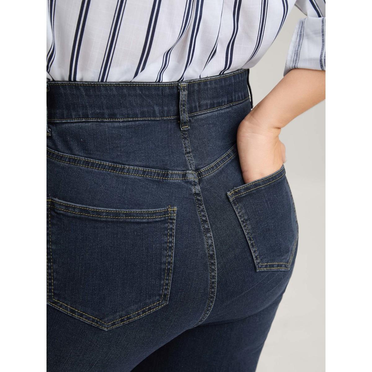 Plus Size Skinny Very Stretchy High Rise Dark Wash Gap Proof Jeans Women DarkBlue Casual Plain Non High stretch Slanted pocket Jeans BloomChic 22/3X Product Image