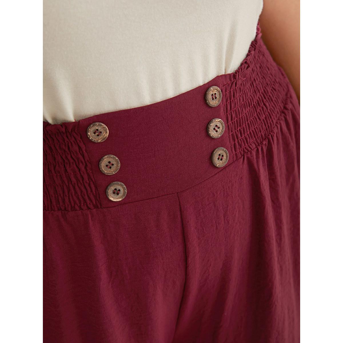 Plus Size Button Detail Shirred Wide Leg Pants Women Burgundy Glamour Wide Leg High Rise Going out Pants BloomChic 18-20/2X Product Image