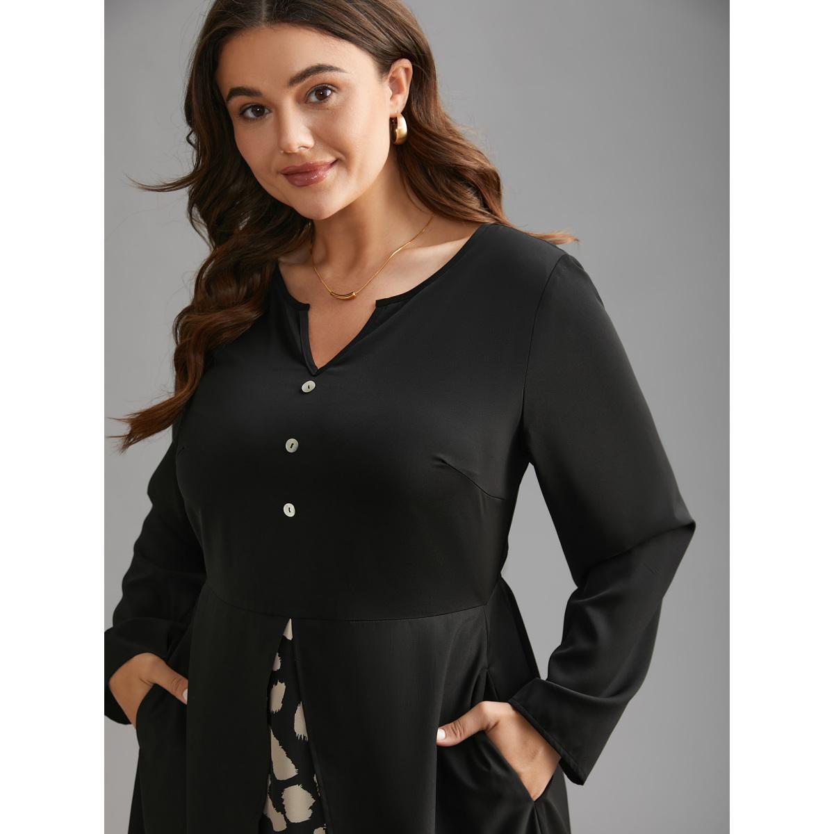 Plus Size Leopard Print Two-Piece Elastic Waist Dress Black Women Elegant Patchwork Notched collar Long Sleeve Curvy BloomChic 12/L Product Image