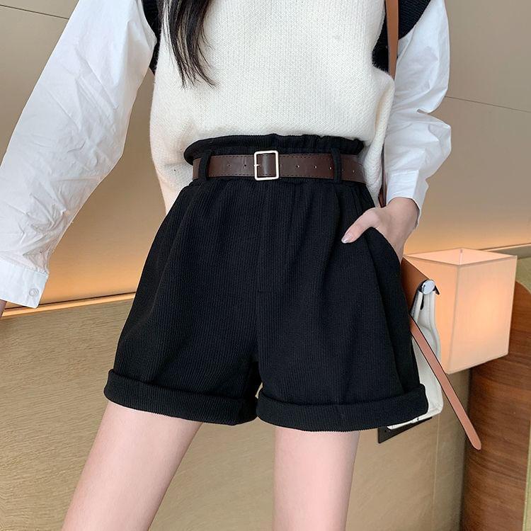High Waist Plain Roll Up Hem Corduroy Wide Leg Shorts / Belt / Set Product Image