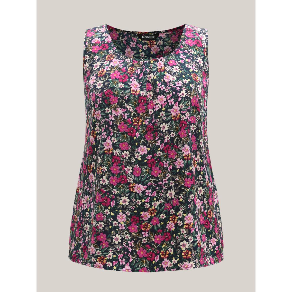 Plus Size Floral Print Pleated Neck Tank Top Women Midnight Gathered U-neck Everyday-Elegant Tank Tops Camis BloomChic 30/6X Product Image