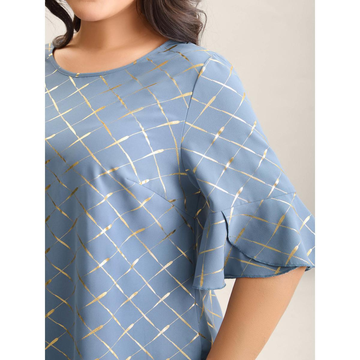 Plus Size Stone Glitter Plaid Ruffle Sleeve Blouse Women Half Sleeve Round Neck Everyday-Elegant Blouses BloomChic 18-20/2X Product Image