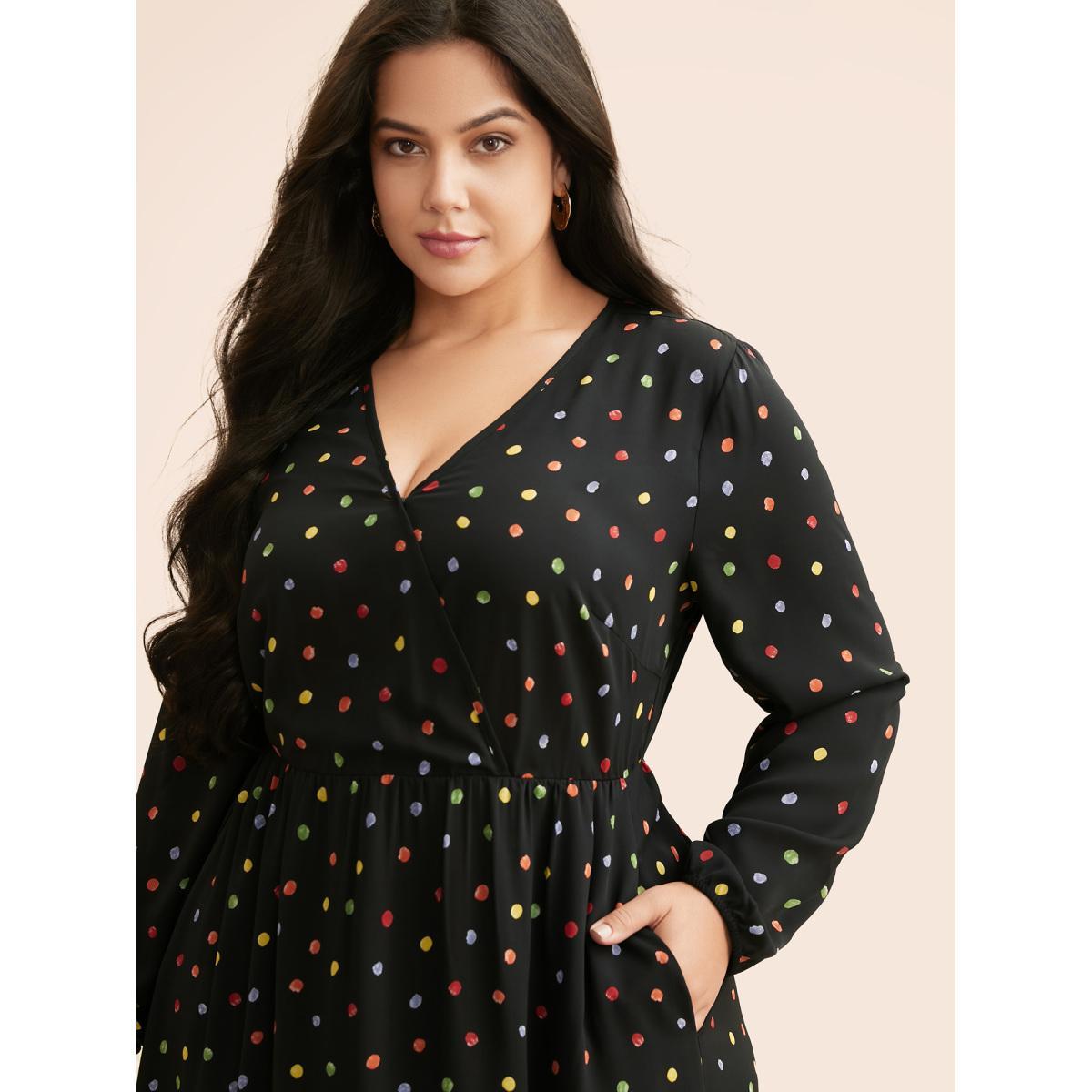 Plus Size Overlap Collar Color Polka Dot Dress Black Women Elegant Gathered Overlap Collar Long Sleeve Curvy BloomChic 14-16/1X Product Image