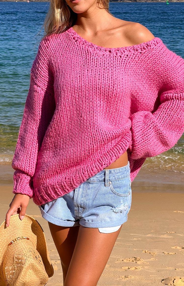 Delvey Hot Pink Chunky Knit Sweater Product Image