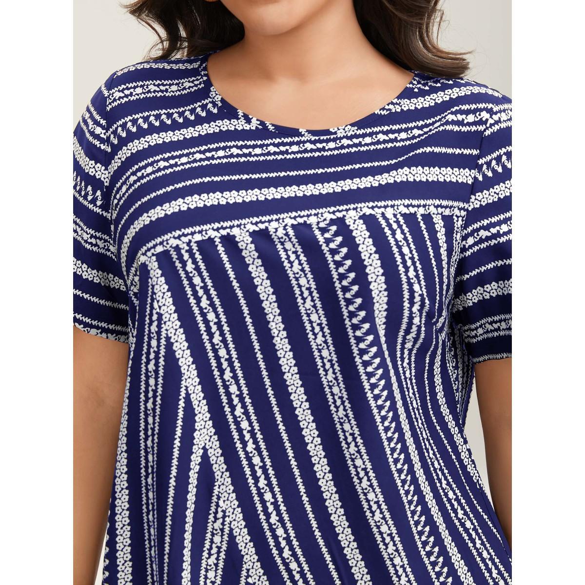 Plus Size DarkBlue Striped Overlap Print Curvy Hem Blouse Women Resort Short sleeve Round Neck Vacation Blouses BloomChic 12/L Product Image