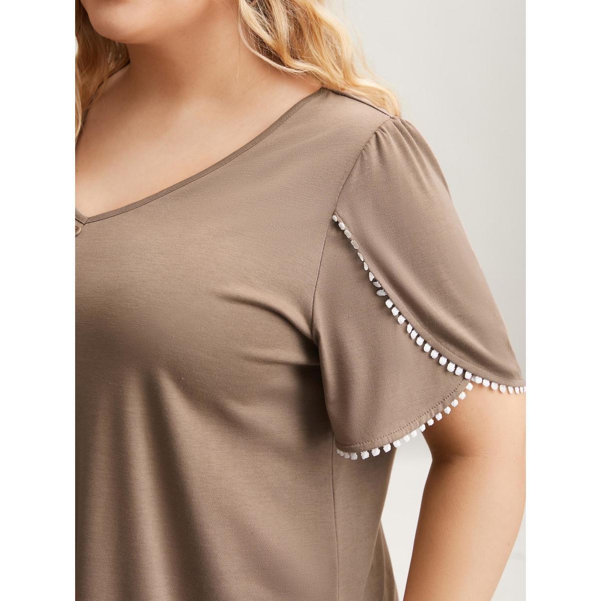 Plus Size Petal Sleeve Lace Button Solid T-Shirt LightBrown Women Casual Petal edge V-neck Everyday T-shirts BloomChic 14-16/1X Product Image