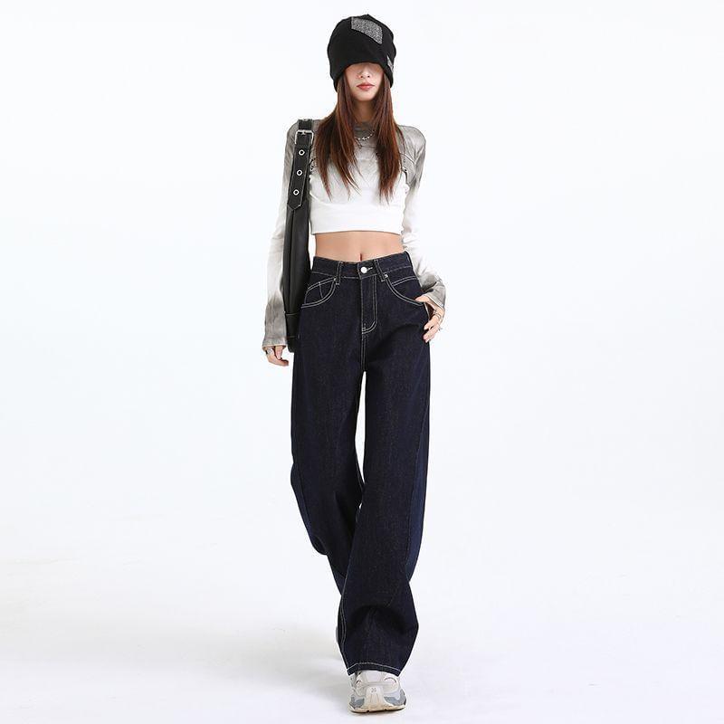 Mid Waist Contrast Stitching Wide Leg Jeans (Various Designs) Product Image