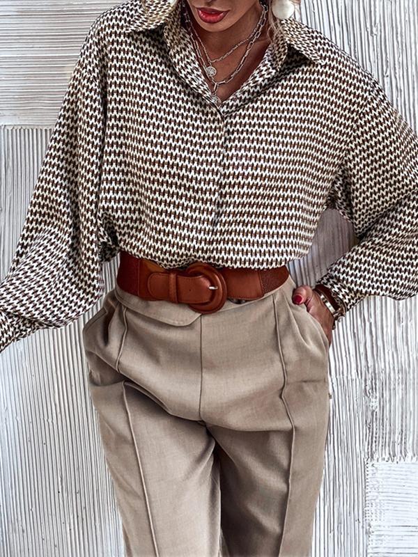 Long Sleeves Loose Buttoned Pleated Printed Lapel Blouses&Shirts Tops Product Image