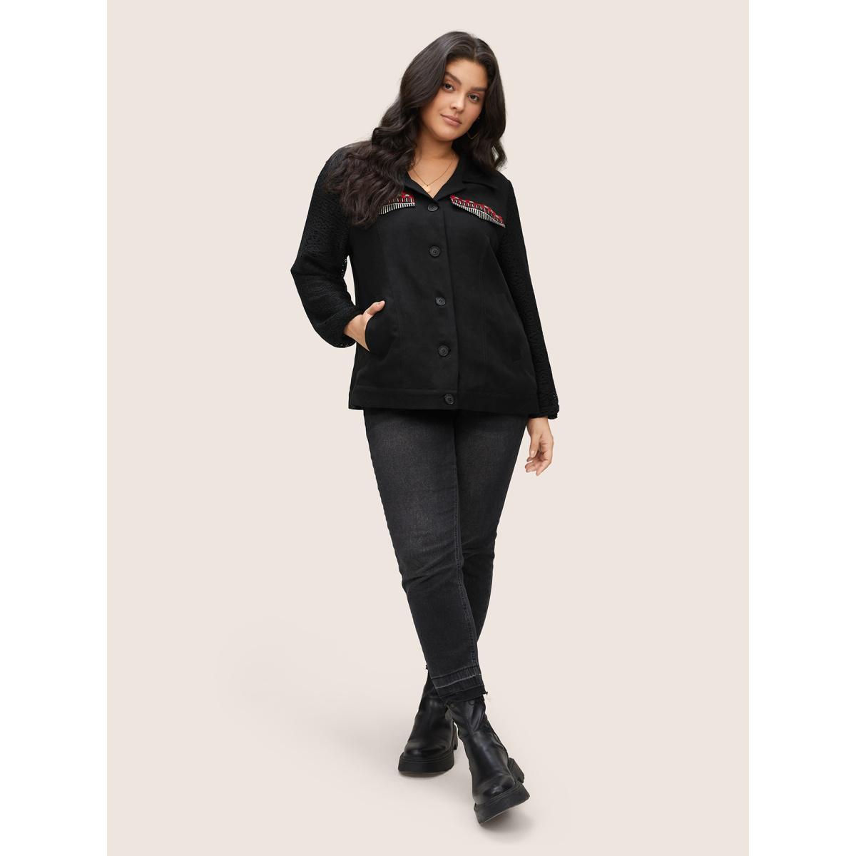 Plus Size Patchwork Embroidered Flap Detail Jacket Women Black Non Slanted pocket Everyday Jackets BloomChic 26/4X Product Image
