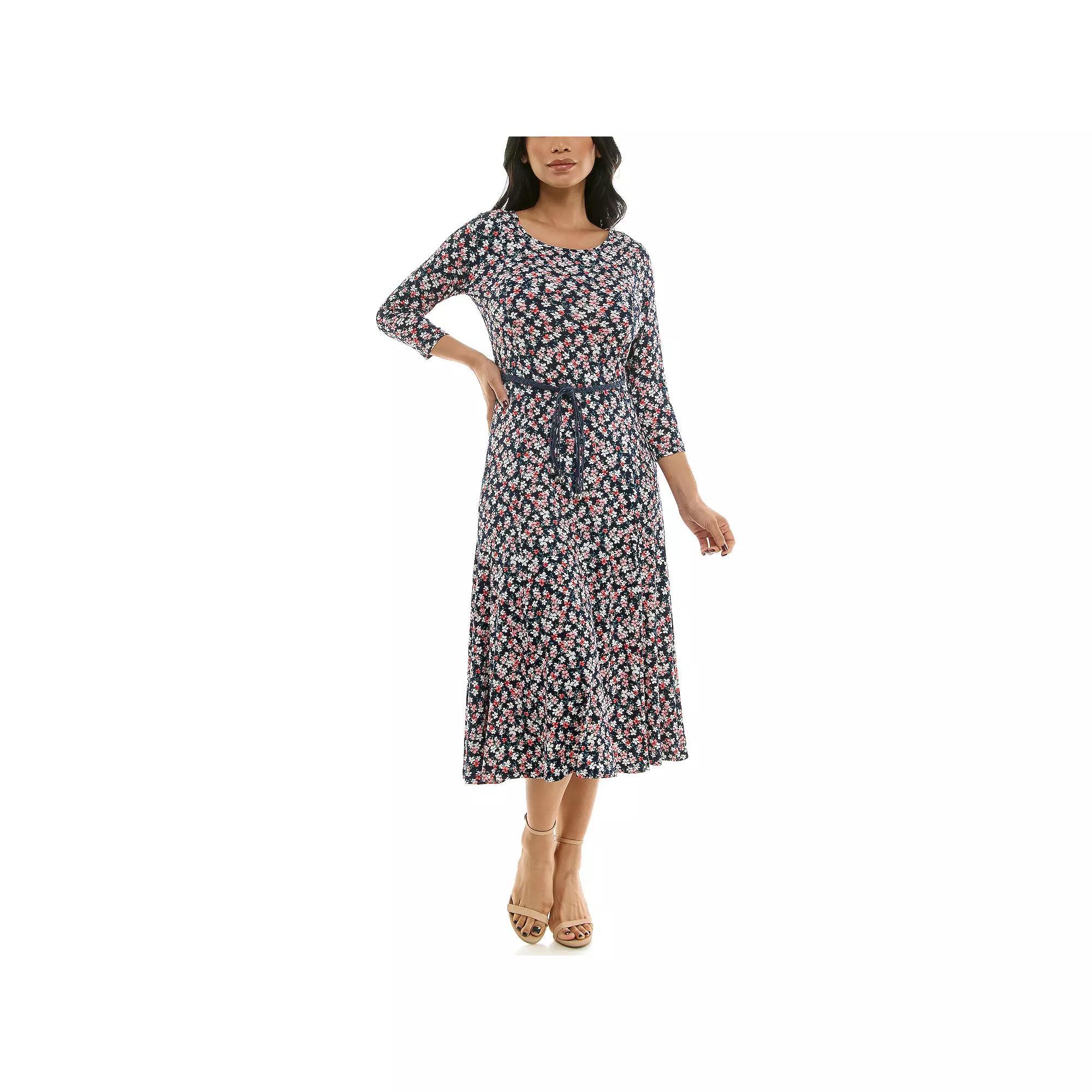 Women's Nina Leonard Sylvia Three-Quarter Sleeve Belted Midi Dress, Size: Small, Navy Pink Product Image