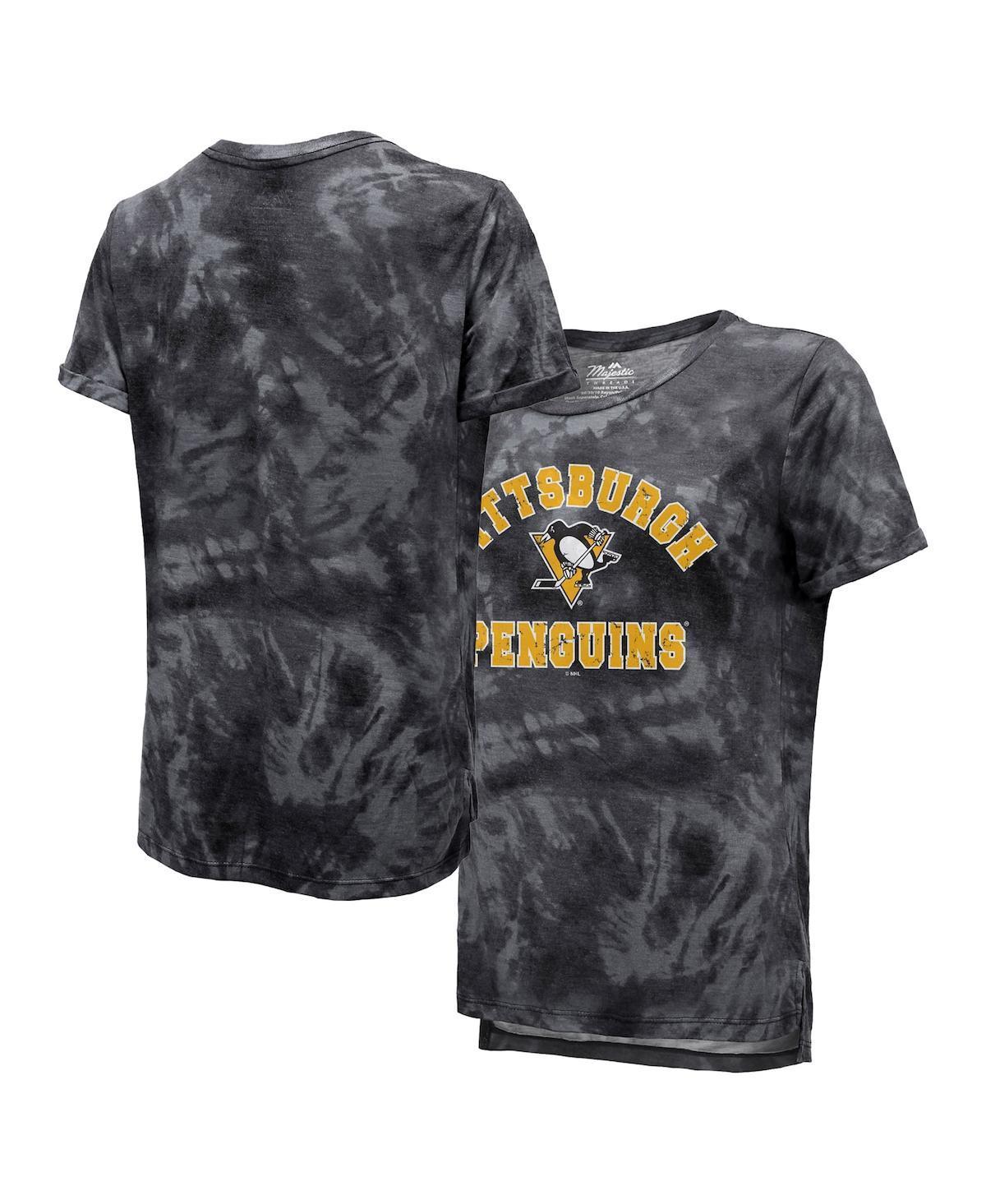 Women's Majestic Threads Black Chicago Blackhawks Boyfriend Tie-Dye Tri-Blend T-Shirt, Size: Medium Product Image