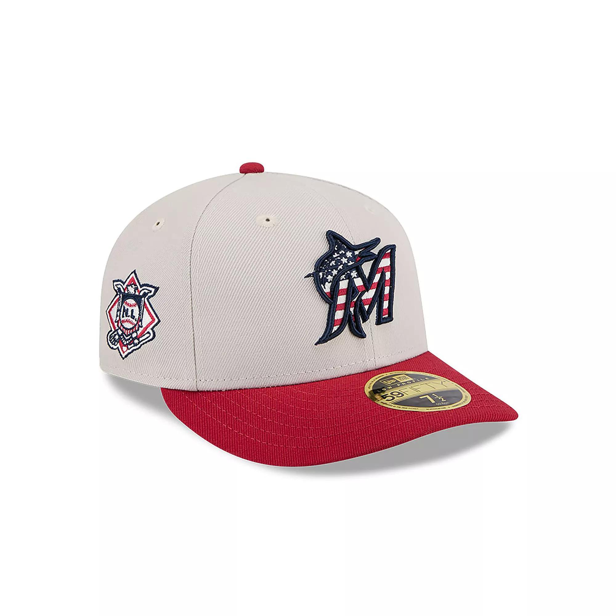 Men's New Era  Khaki/Red Miami Marlins 2024 Fourth of July Low Profile 59FIFTY Fitted Hat, Size: 7 3/8, Beig K Product Image