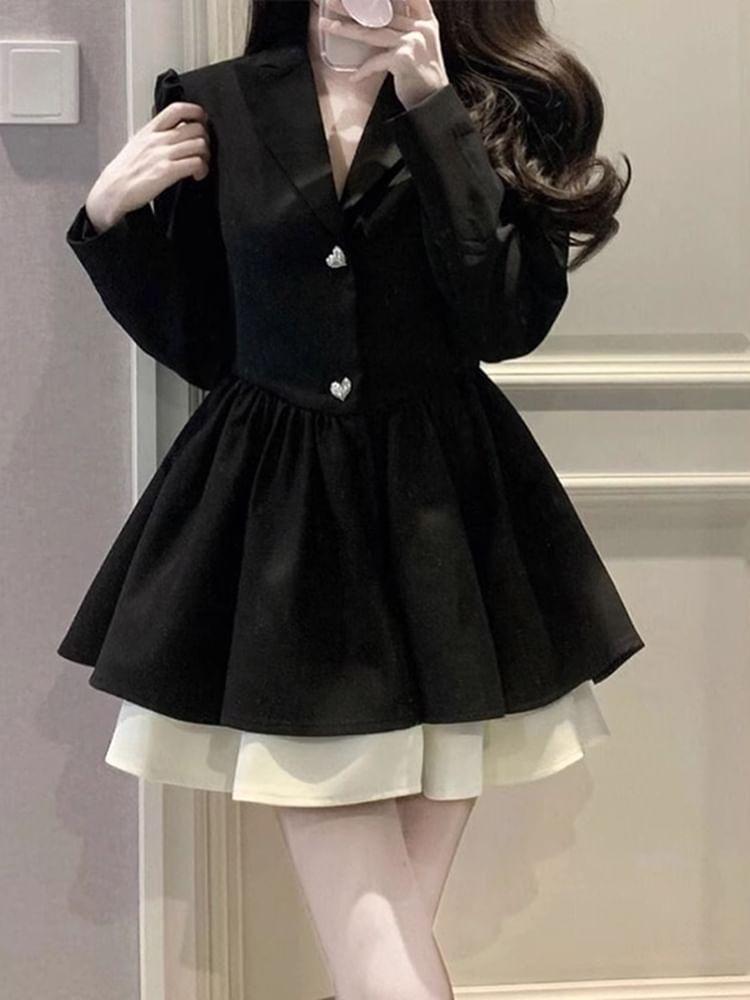 Long-Sleeve Lapel Collar Two Tone Mini A-Line Dress Product Image