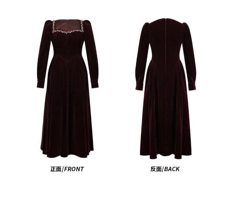 Long-Sleeve Contrast Trim Velvet Midi A-Line Dress Product Image