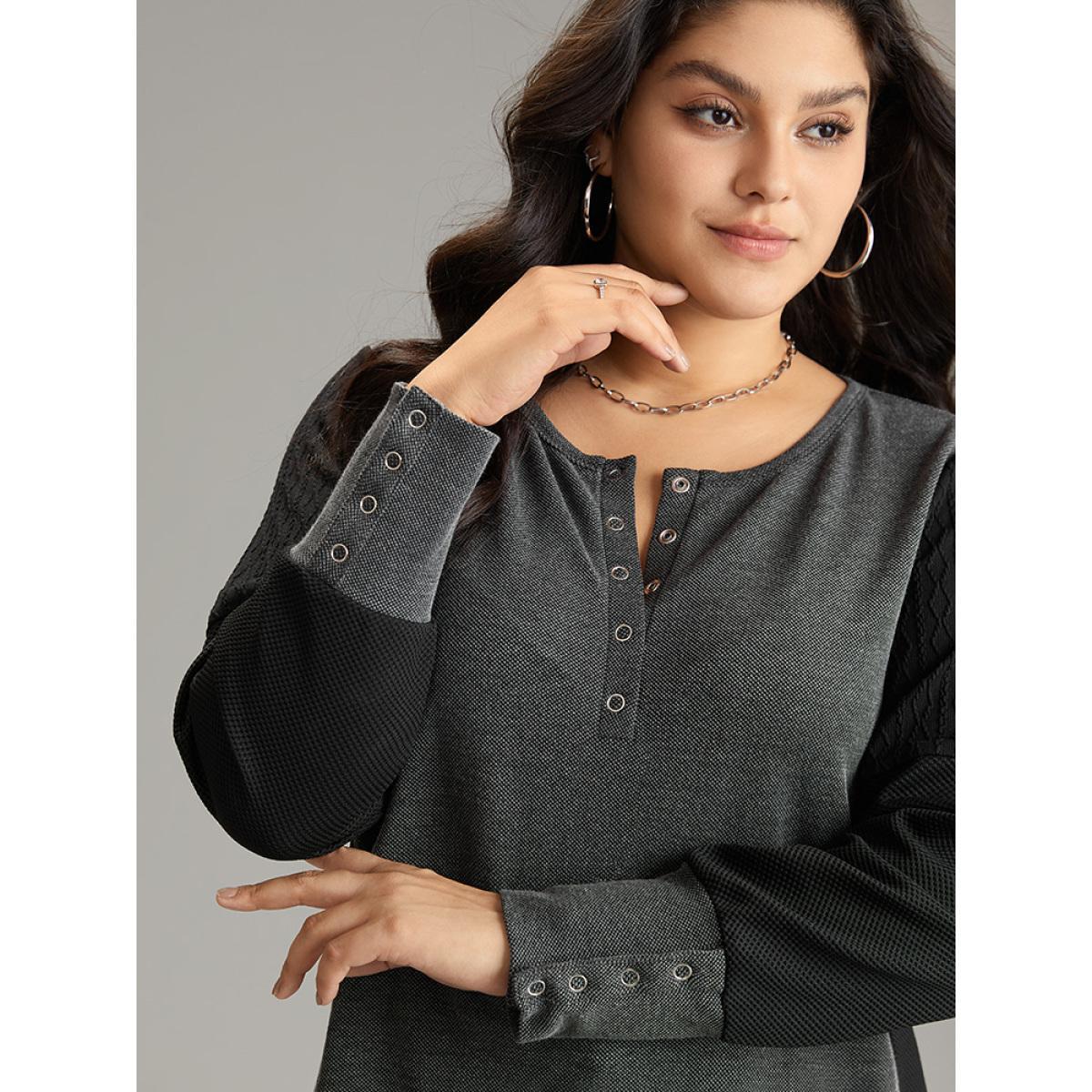 Plus Size Plisse Patchwork Two Tone Button Up T-shirt DimGray Women Casual Texture Plain Open Front Dailywear T-shirts BloomChic 10/M Product Image