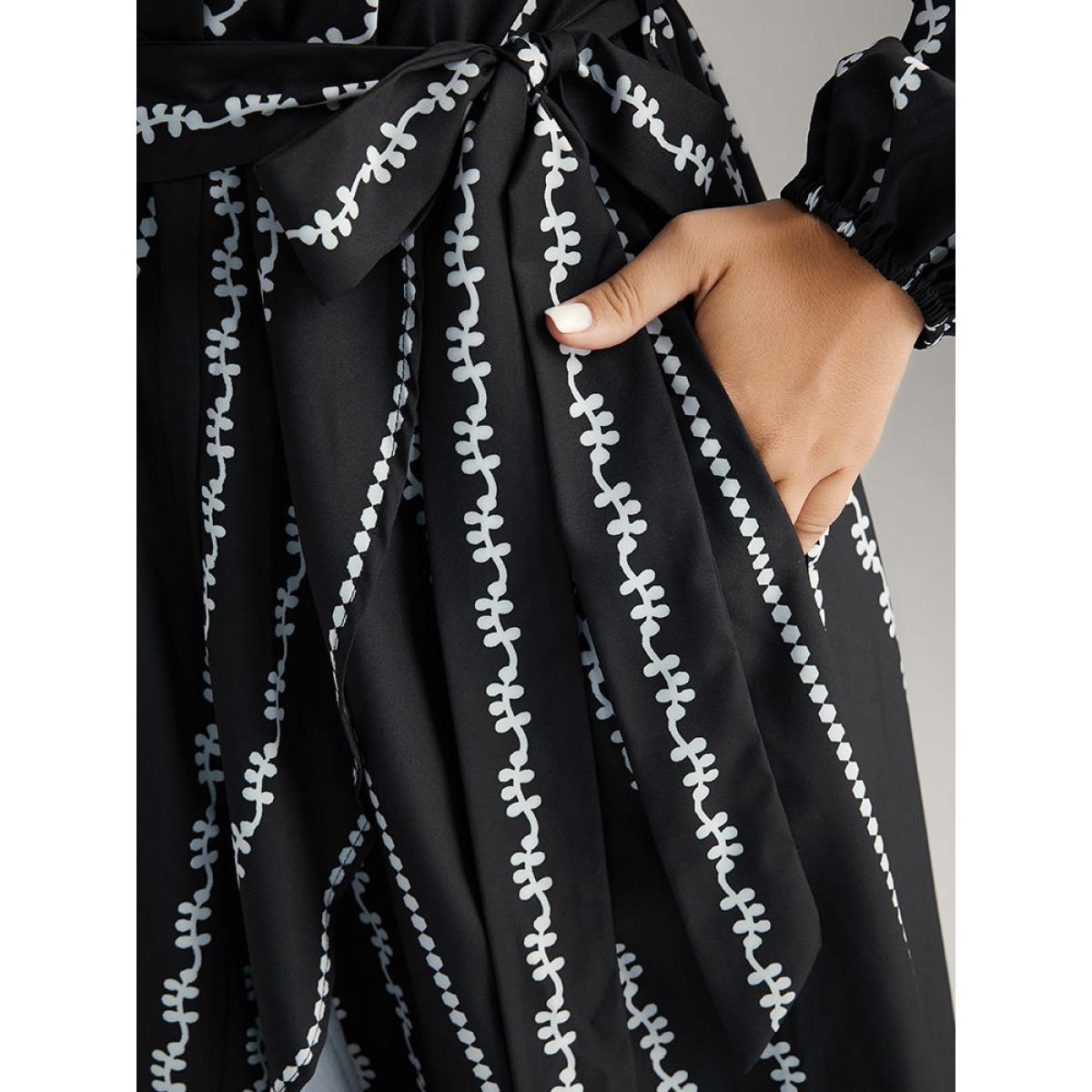 Plus Size Boho Print Striped Belted Wrap Pocket Dress Black Women Vacation Belted V-neck Long Sleeve Curvy Midi Dress BloomChic 12/L Product Image
