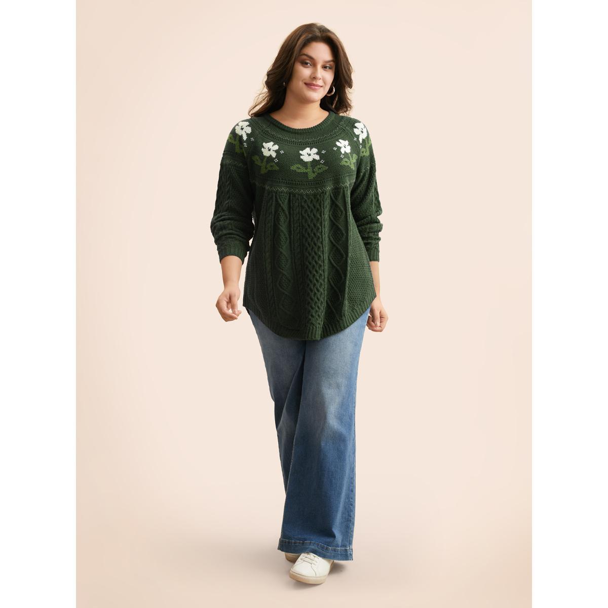 Plus Size Floral Jacquard Raglan Sleeve Pullover Deeppurple Women Casual Long Sleeve Round Neck Everyday Pullovers BloomChic 30/6X Product Image