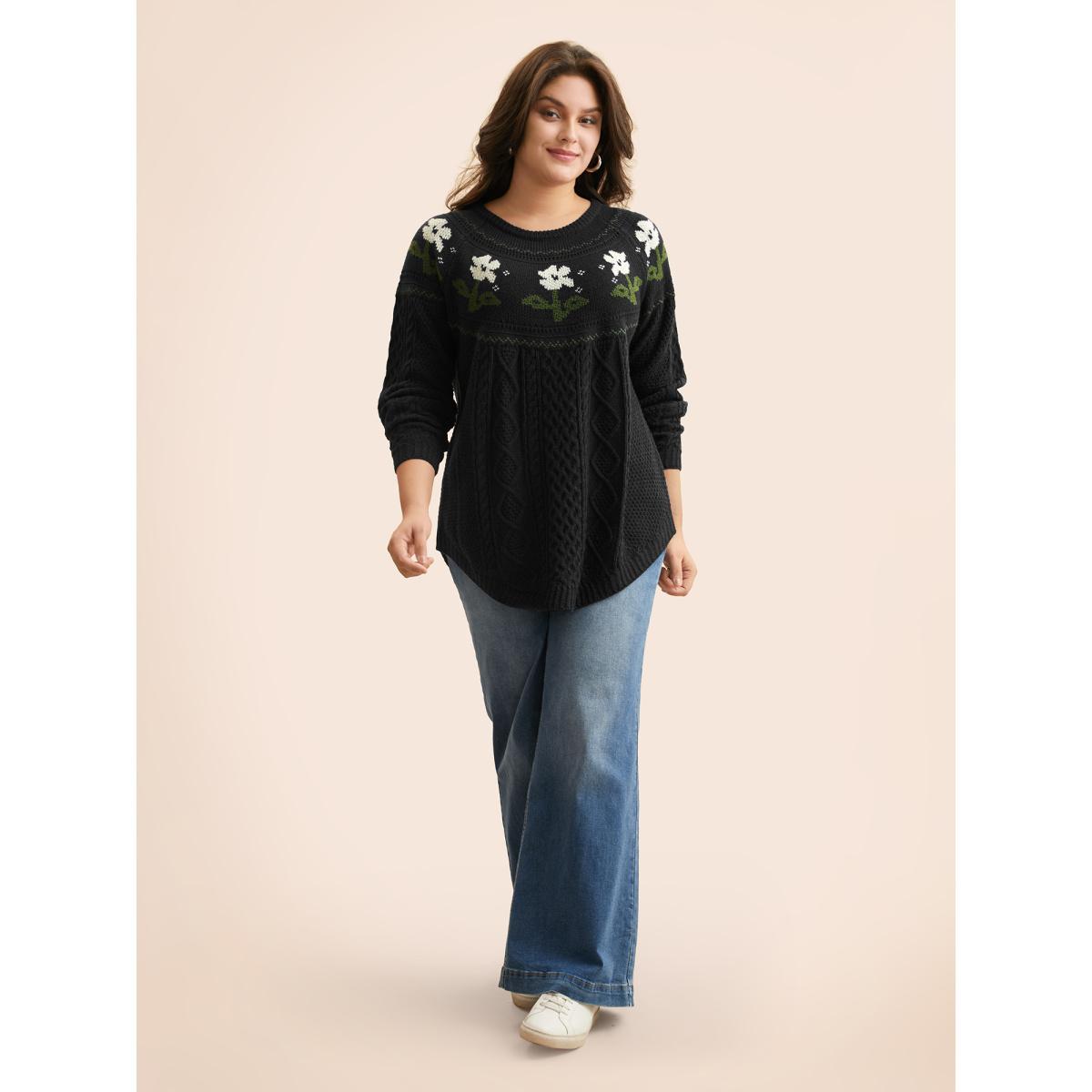 Plus Size Floral Jacquard Raglan Sleeve Pullover Black Women Casual Long Sleeve Round Neck Everyday Pullovers BloomChic 12/L Product Image