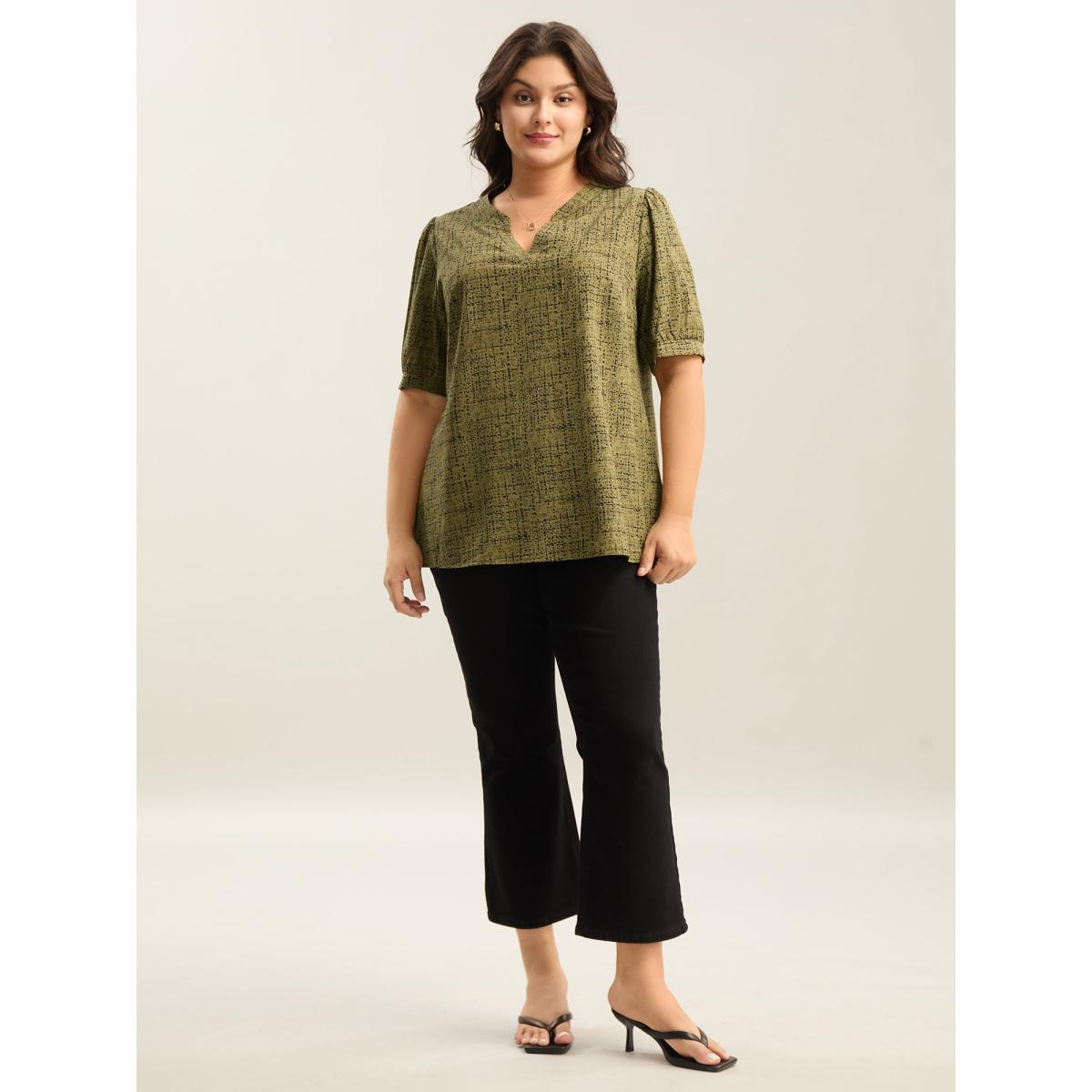 Plus Size ArmyGreen Geometric Print Puff Sleeve Blouse Women Elegant Short sleeve Flat collar with V-notch Everyday Blouses BloomChic 12/L Product Image