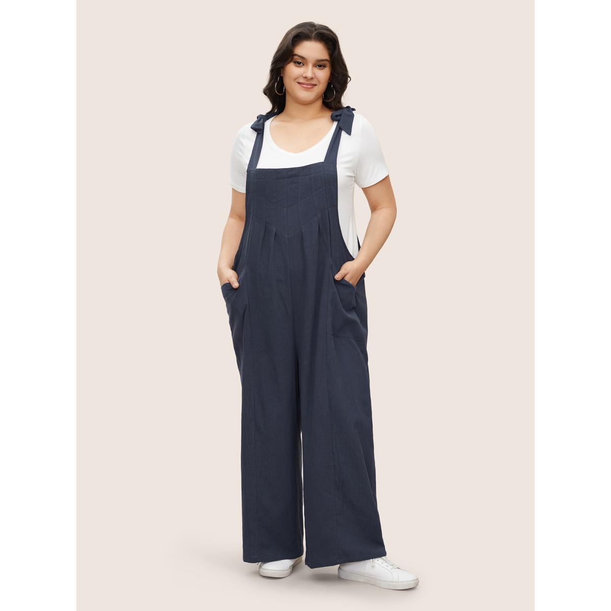 Plus Size Navy Solid Pleated Detail Pocket Knotted Shoulder Overall Jumpsuit Women Casual Sleeveless Non Everyday Loose Jumpsuits BloomChic 22-24/3X Product Image