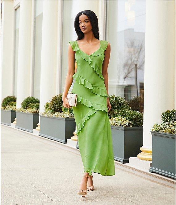DKNY by Donna Karan Chiffon V Neck Sleeveless Ruffle Sheath Maxi Dress Product Image