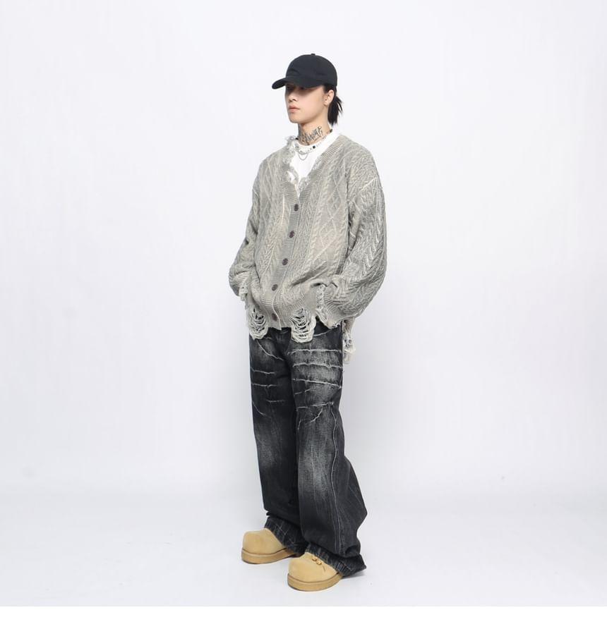 V-Neck Plain Distressed Cable-Knit Cardigan Product Image
