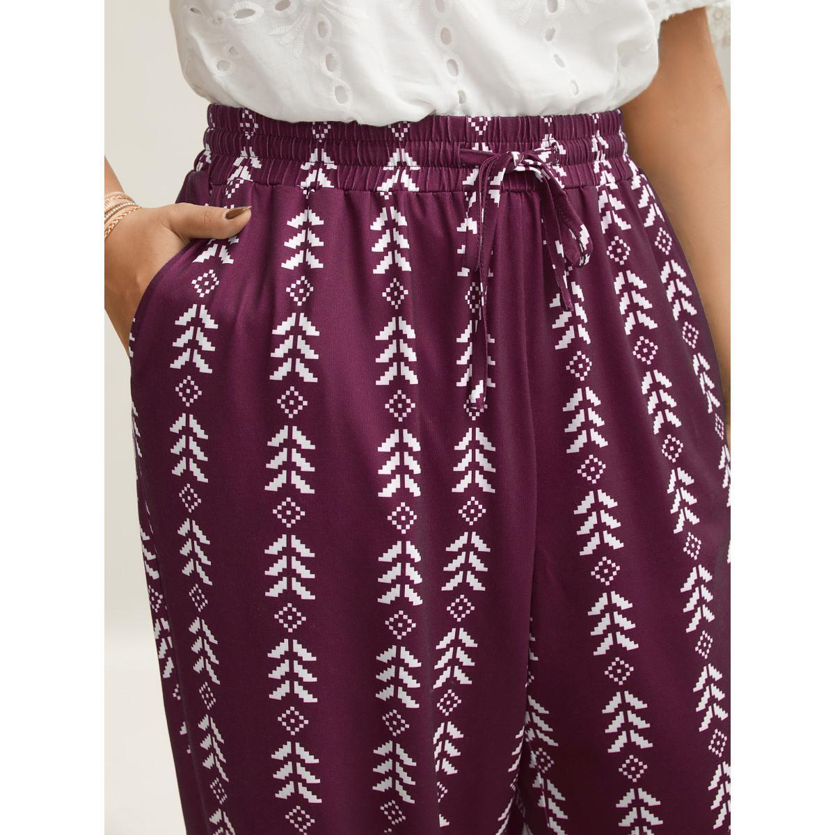 Plus Size Boho Geometric Print Stretchy Waist Pants Women Burgundy Casual Mid Rise Everyday Pants BloomChic 28/5X Product Image