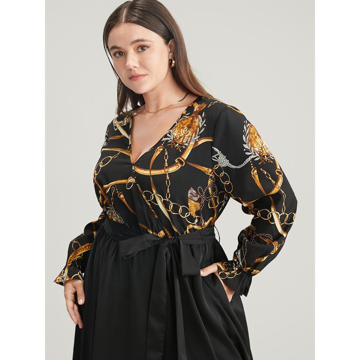 Plus Size Chain Print V Neck Pocket Lantern Sleeve Belted Split Dress Black Women Elegant Pocket V-neck Long Sleeve Curvy Midi Dress BloomChic 12/L Product Image