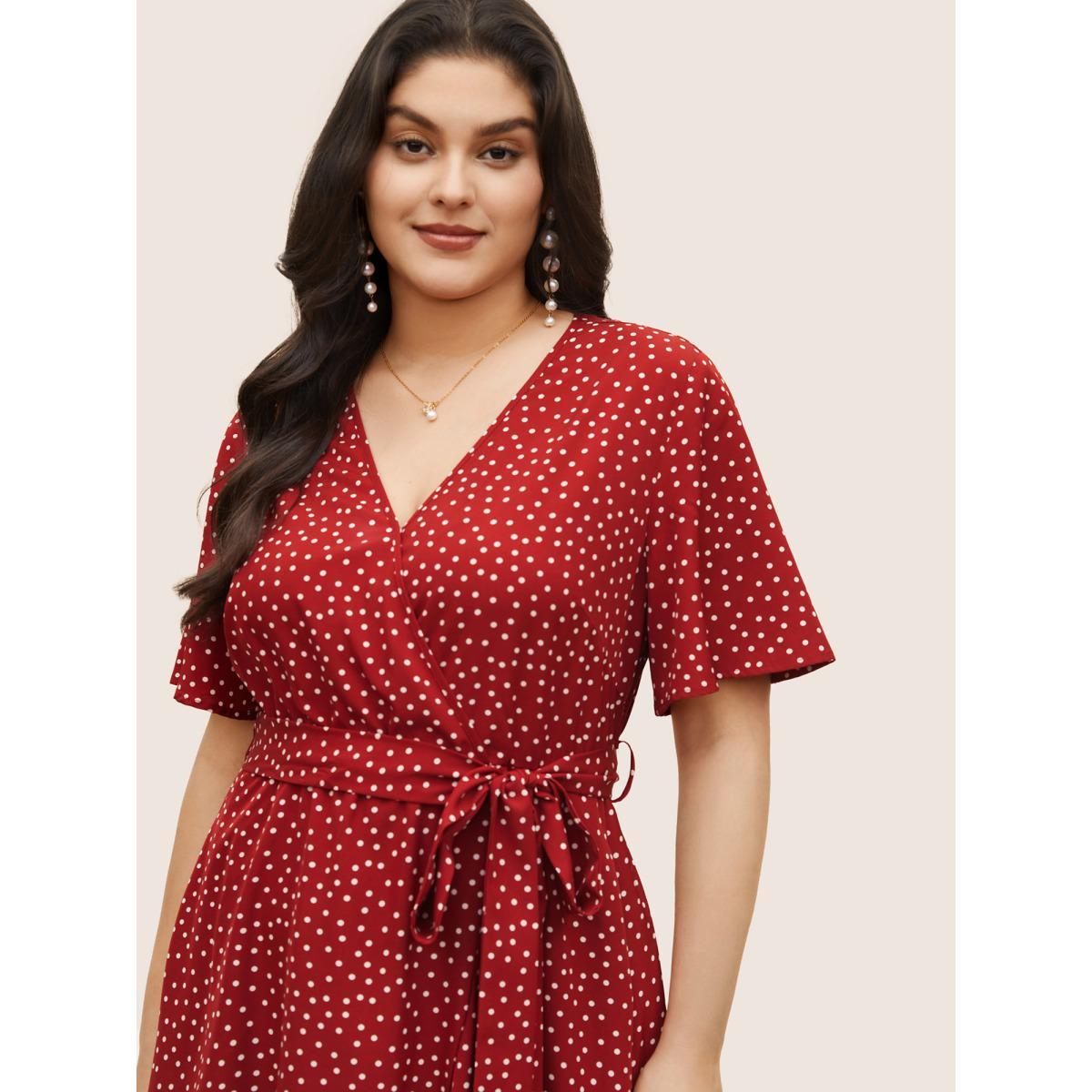 Plus Size Polka Dot Surplice Neck Belted Arc Hem Dress Crimson Women Elegant Non Overlap Collar Short sleeve Curvy Midi Dress BloomChic 26/4X Product Image