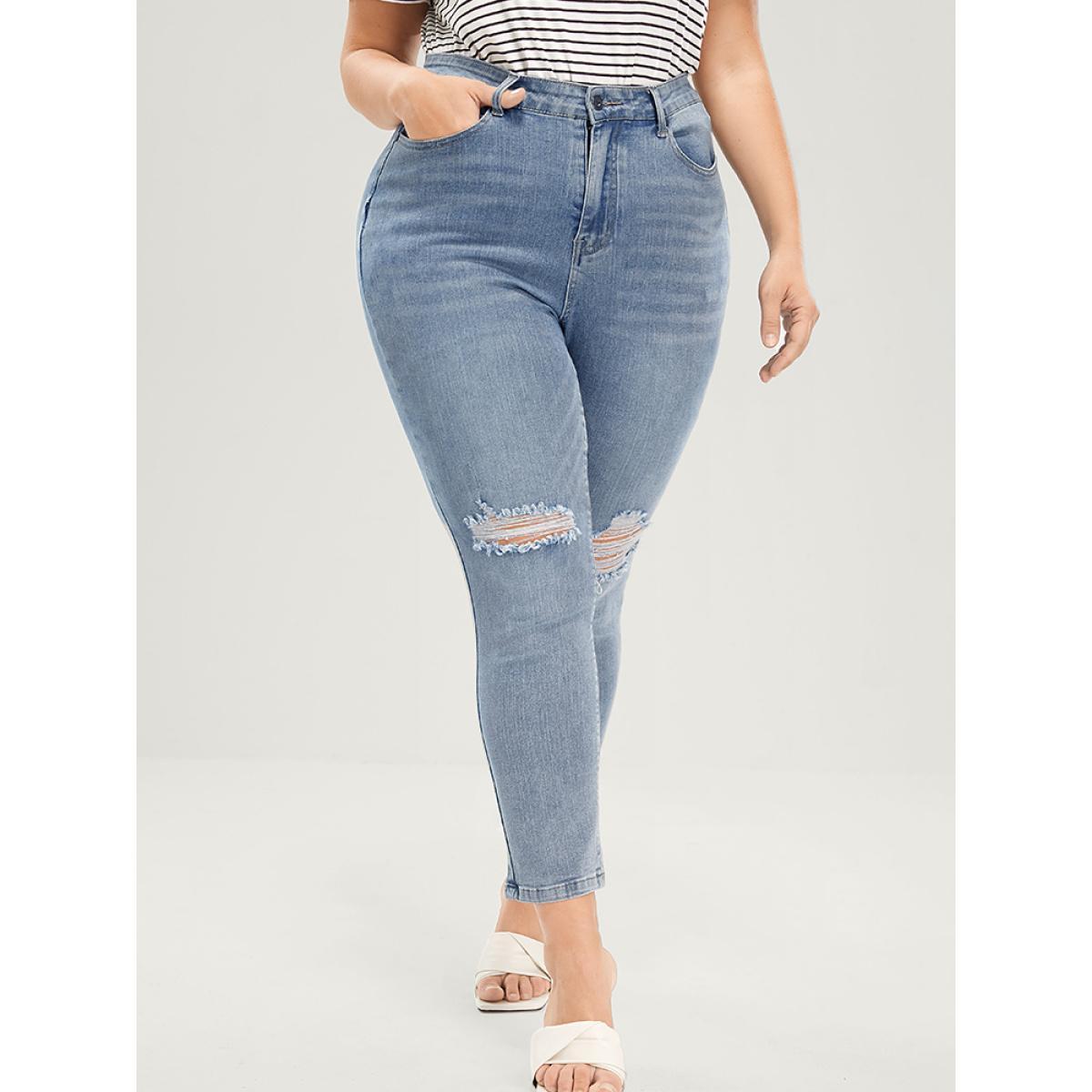 Plus Size Skinny Very Stretchy Mid Rise Light Wash Distressed Jeans Women Blue Casual Plain Distressed High stretch Pocket Jeans BloomChic 28/5X Product Image