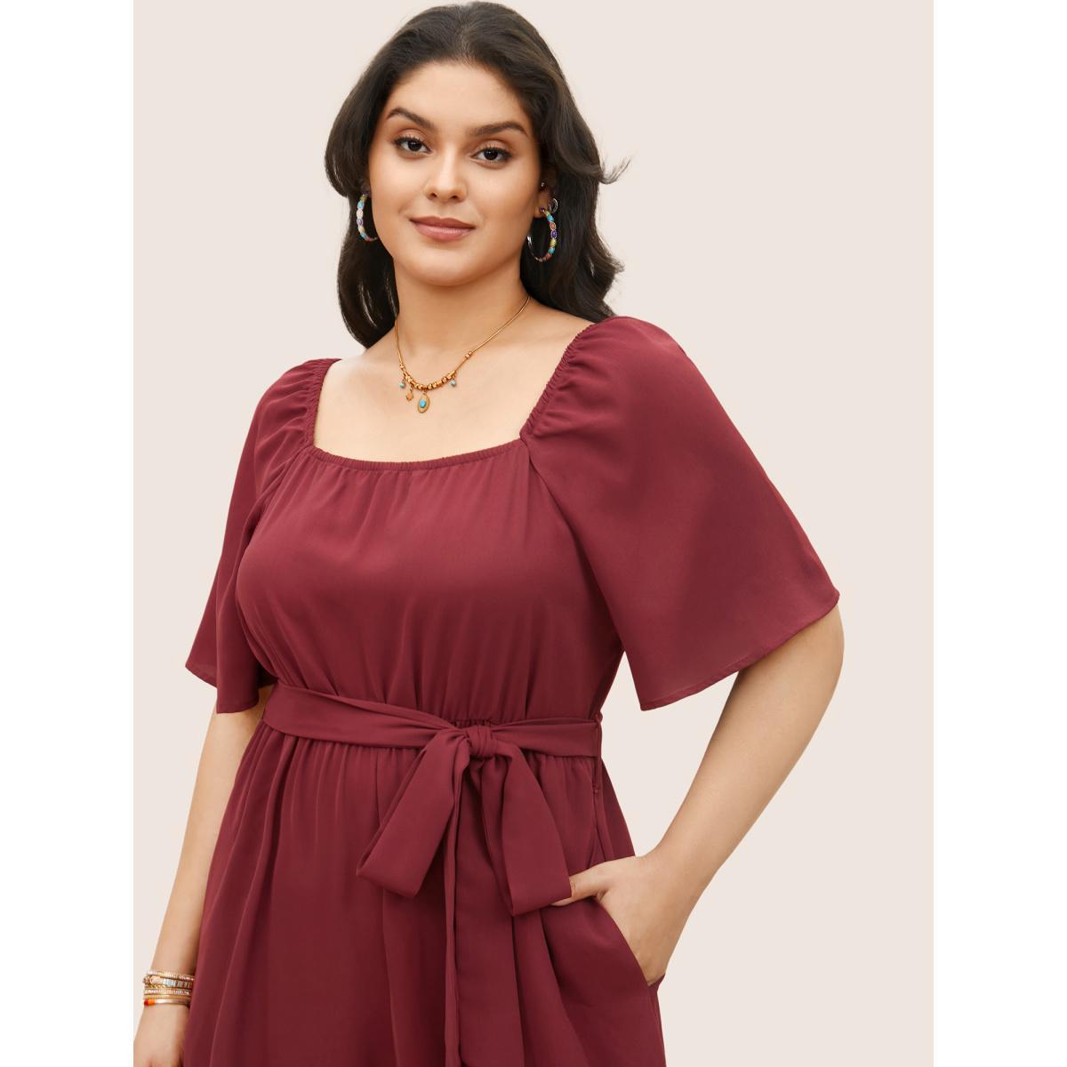 Plus Size Burgundy Bandana Print Gathered Belted Square Neck Jumpsuit Women Resort Short sleeve Square Neck Vacation Loose Jumpsuits BloomChic 22-24/3X Product Image