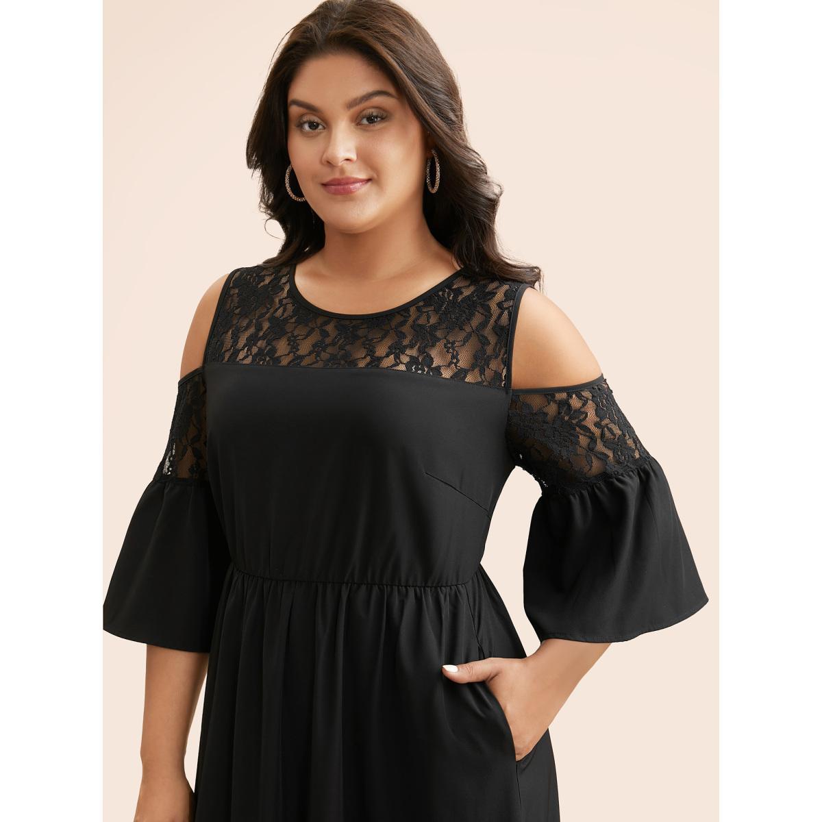 Plus Size Crochet Lace Mesh Ruffle Sleeve Dress Black Women Cocktail Woven ribbon&lace trim Round Neck Elbow-length sleeve Curvy BloomChic 26/4X Product Image