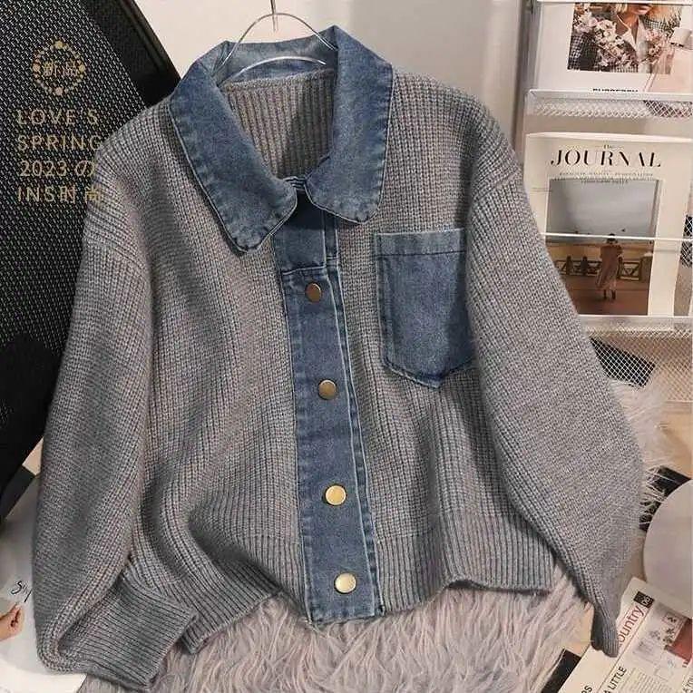 Collar Plain Pocket Detail Denim Panel Cardigan Product Image