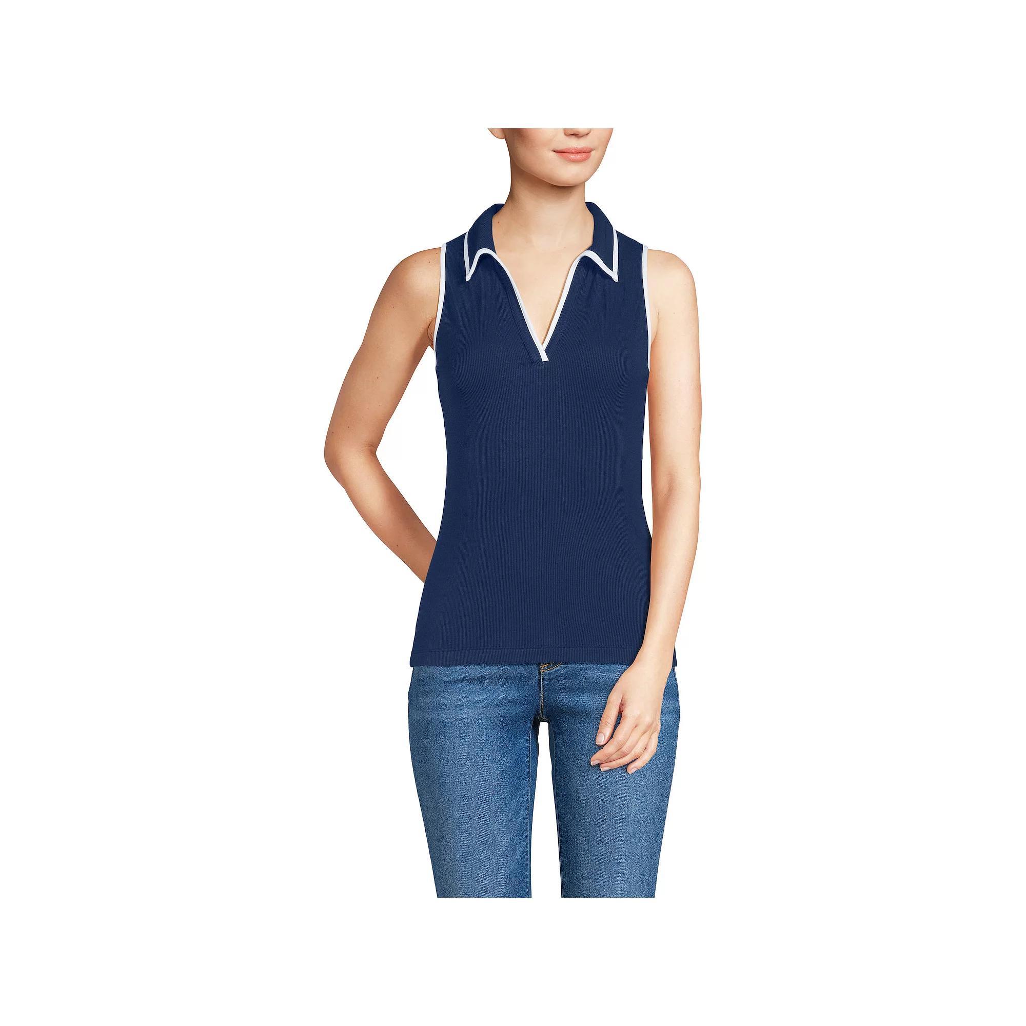Women's Lands' End Drapey Rib Sleeveless Johnny Collar Polo Shirt, Size: Small, Deep  Blue Product Image
