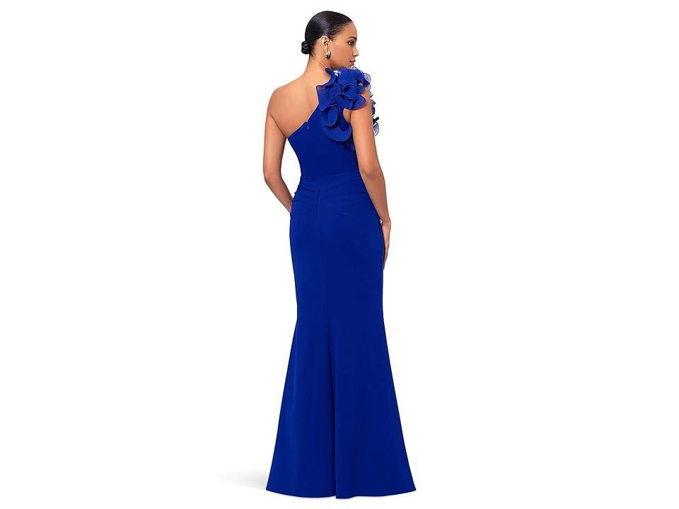 XSCAPE Long Scuba Crepe One Shoudler Flower (Marine) Women's Dress Product Image